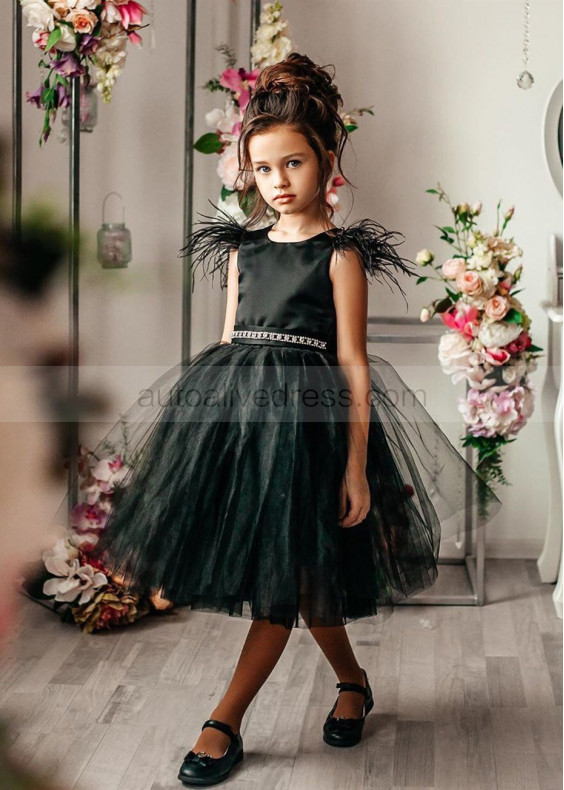 Black Satin Tulle Feather V Back Flower Girl Dress
